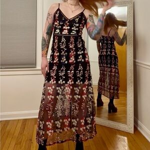 Black Floral Embroidered Mesh Maxi Dress